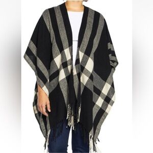 Three Dots Cashmere Wool Blend Wrap Black Erin Plaid Fringe One Size NWT Classic